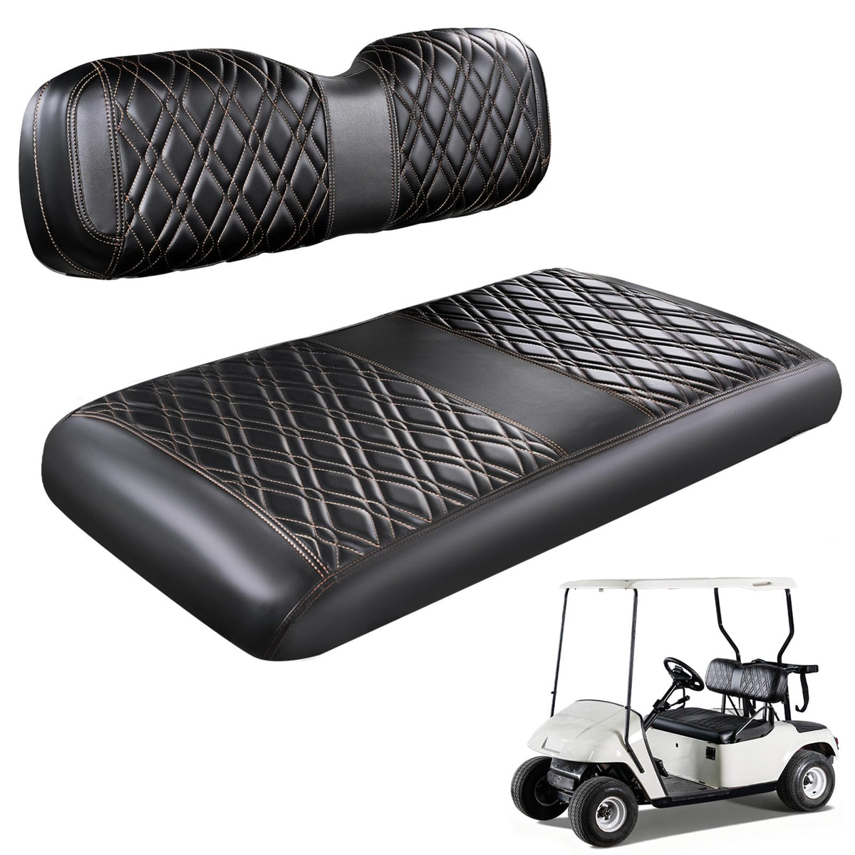 CartClan golf front-seat cover with diamond pattern protecting EZGO TXT cushions