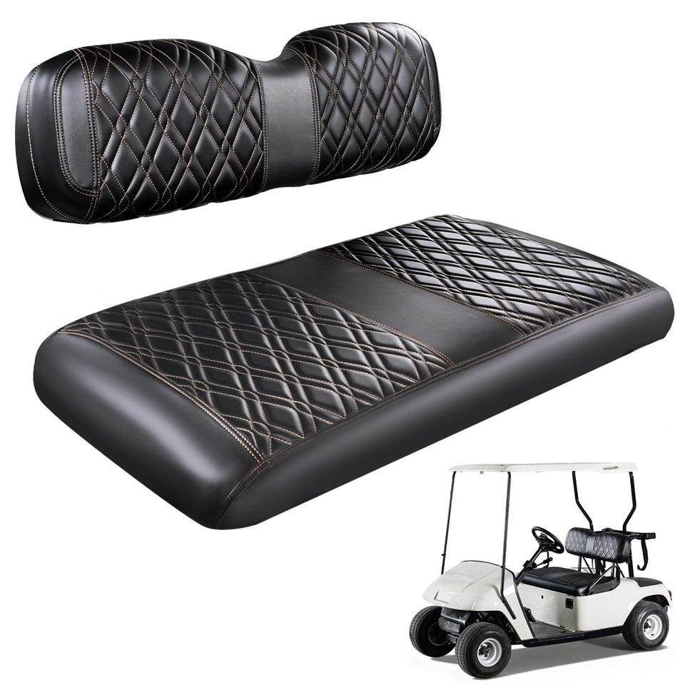 CartClan golf front-seat cover with diamond pattern protecting EZGO TXT cushions