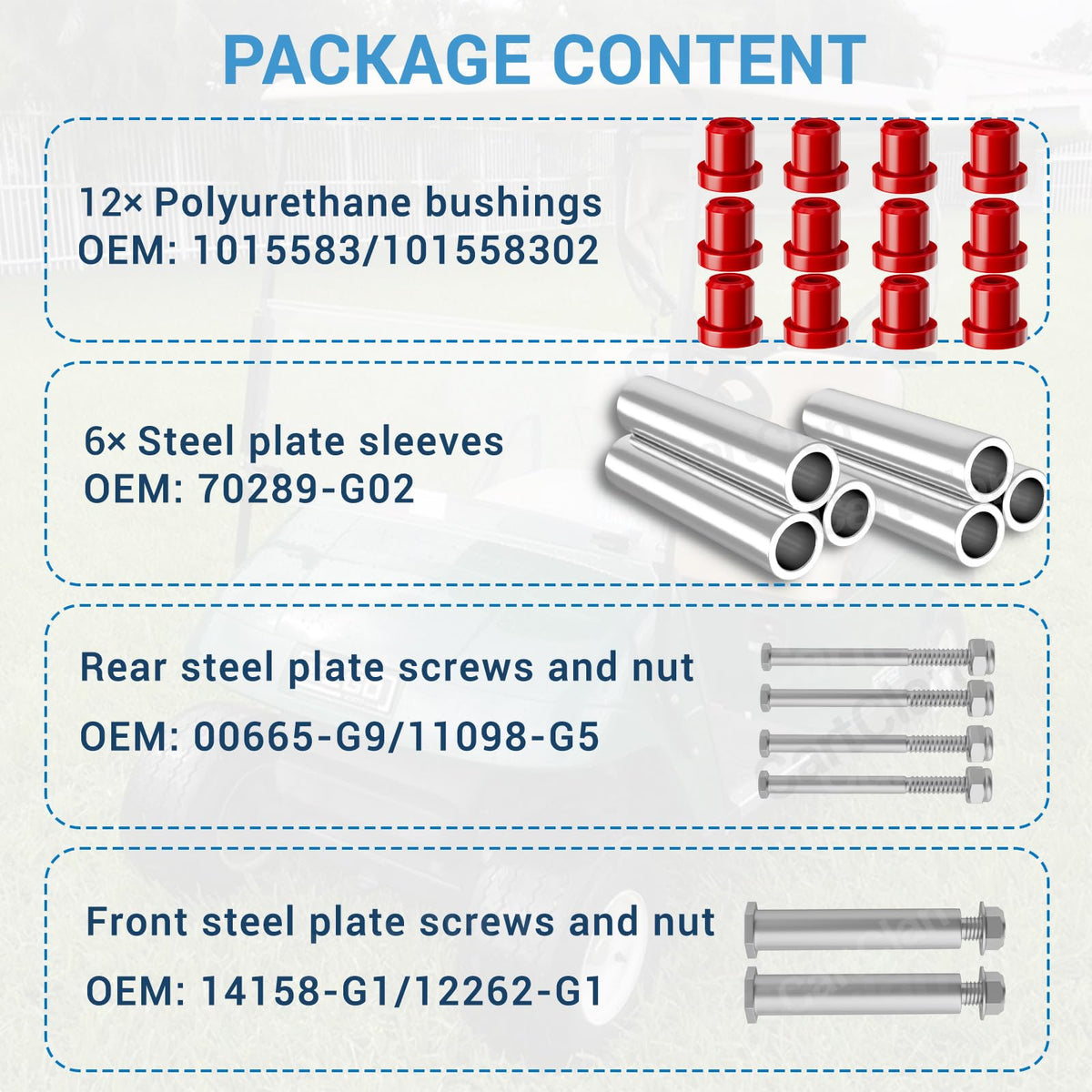 CartClan kit contents image displaying bushings, sleeves, screws, and nuts.