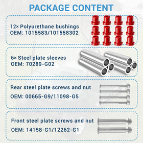 CartClan kit contents image displaying bushings, sleeves, screws, and nuts.