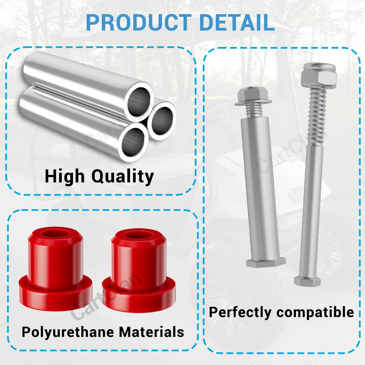CartClan leaf spring hardware including screws and sleeves for secure mounting.