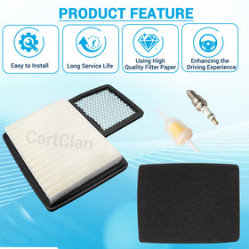 CartClan package contents show air filter, pre-filter, fuel filter, and spark plug