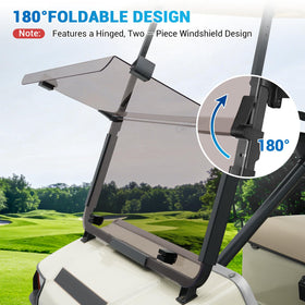 CartClan PC material windshield offers durability and glare reduction for sunny golf days