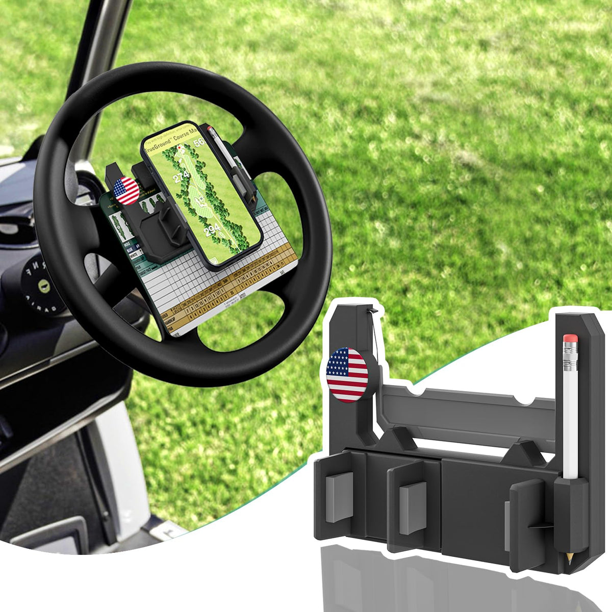 CartClan steering wheel phone mount with flip-up design for easy access on the course.