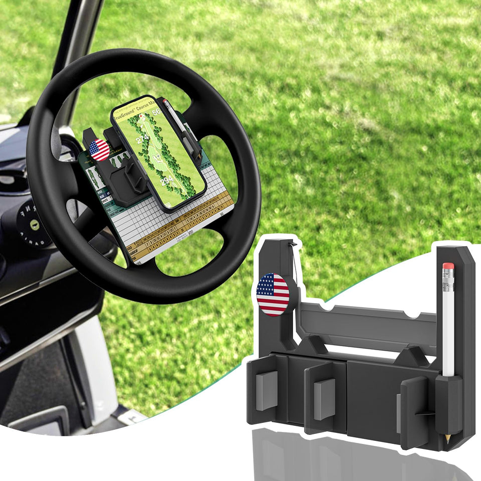CartClan steering wheel phone mount with flip-up design for easy access on the course.