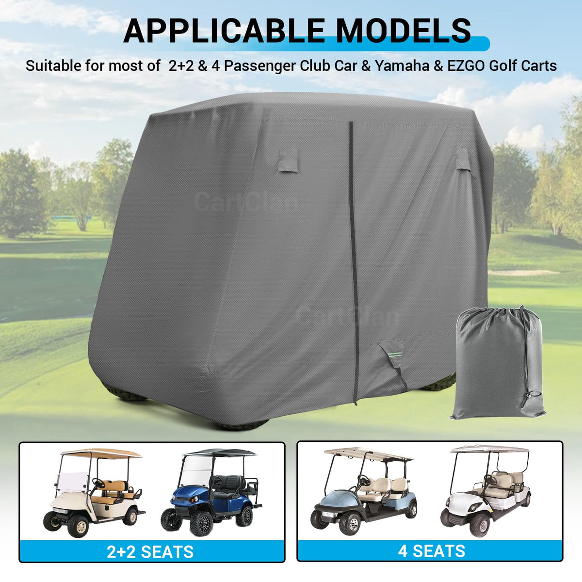 CartClan universal golf cart cover waterproof coating shields paint and interior from rain.