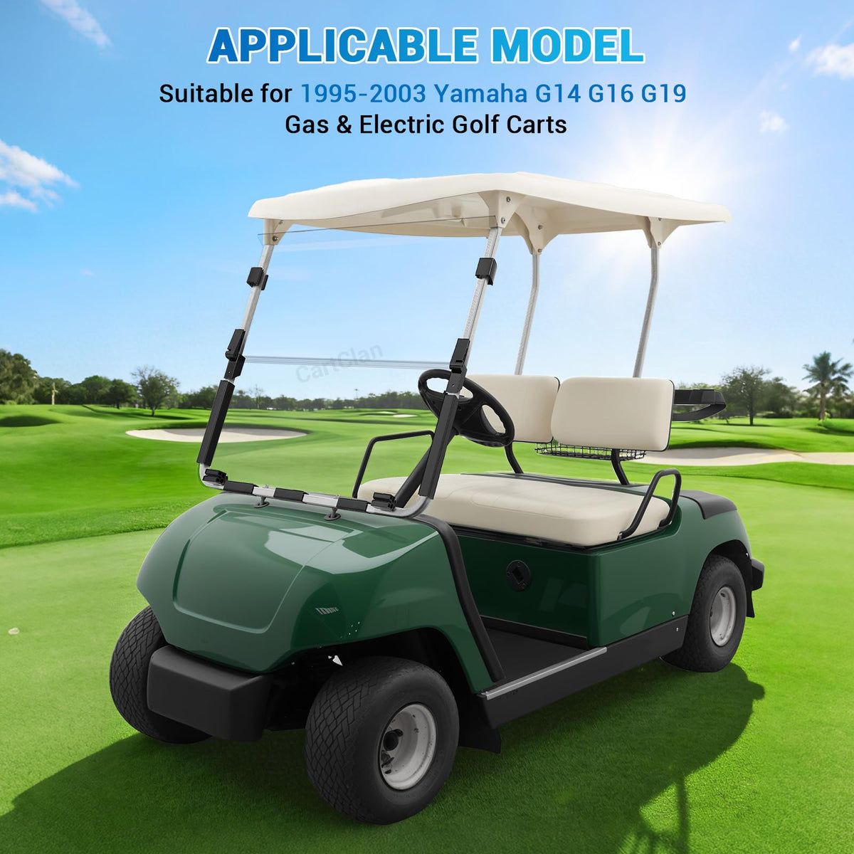 CartClan windshields fit Yamaha G14/G16/G19 models and similar carts.