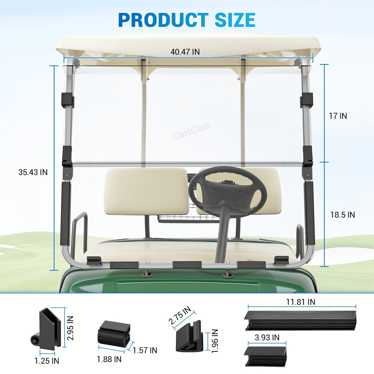 CartClan windshield kit includes clips and screws for quick installation.