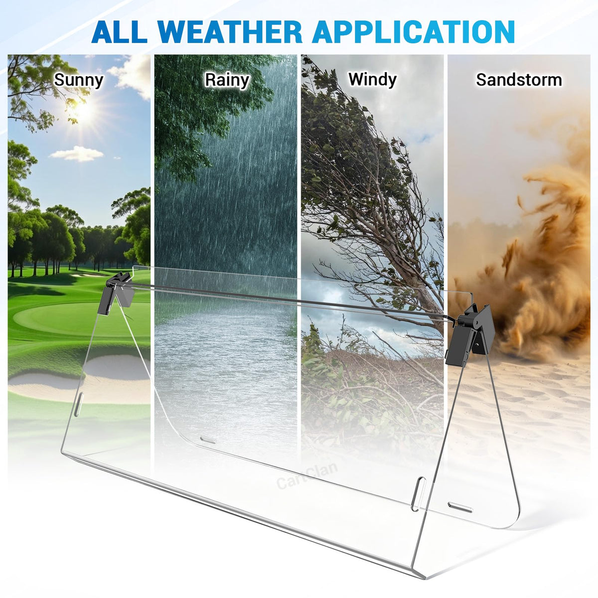 CartClan clear windshield provides unobstructed visibility while blocking rain.