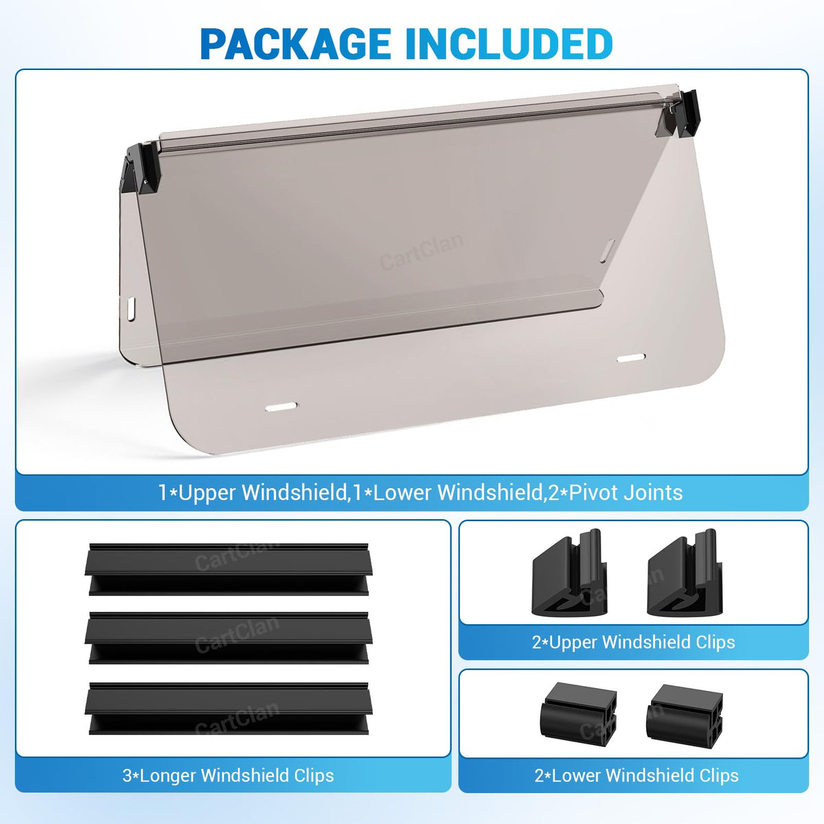 CartClan windshield package includes hardware for quick setup