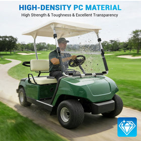 CartClan Yamaha windshields fold down for summer airflow and rain protection.