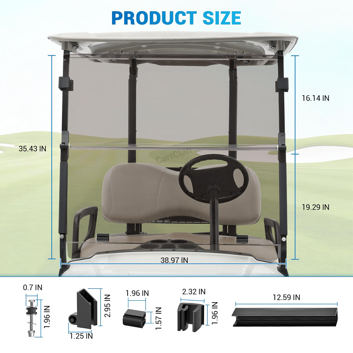 CartClan tinted windshield on Yamaha G29 offering UV protection and visibility