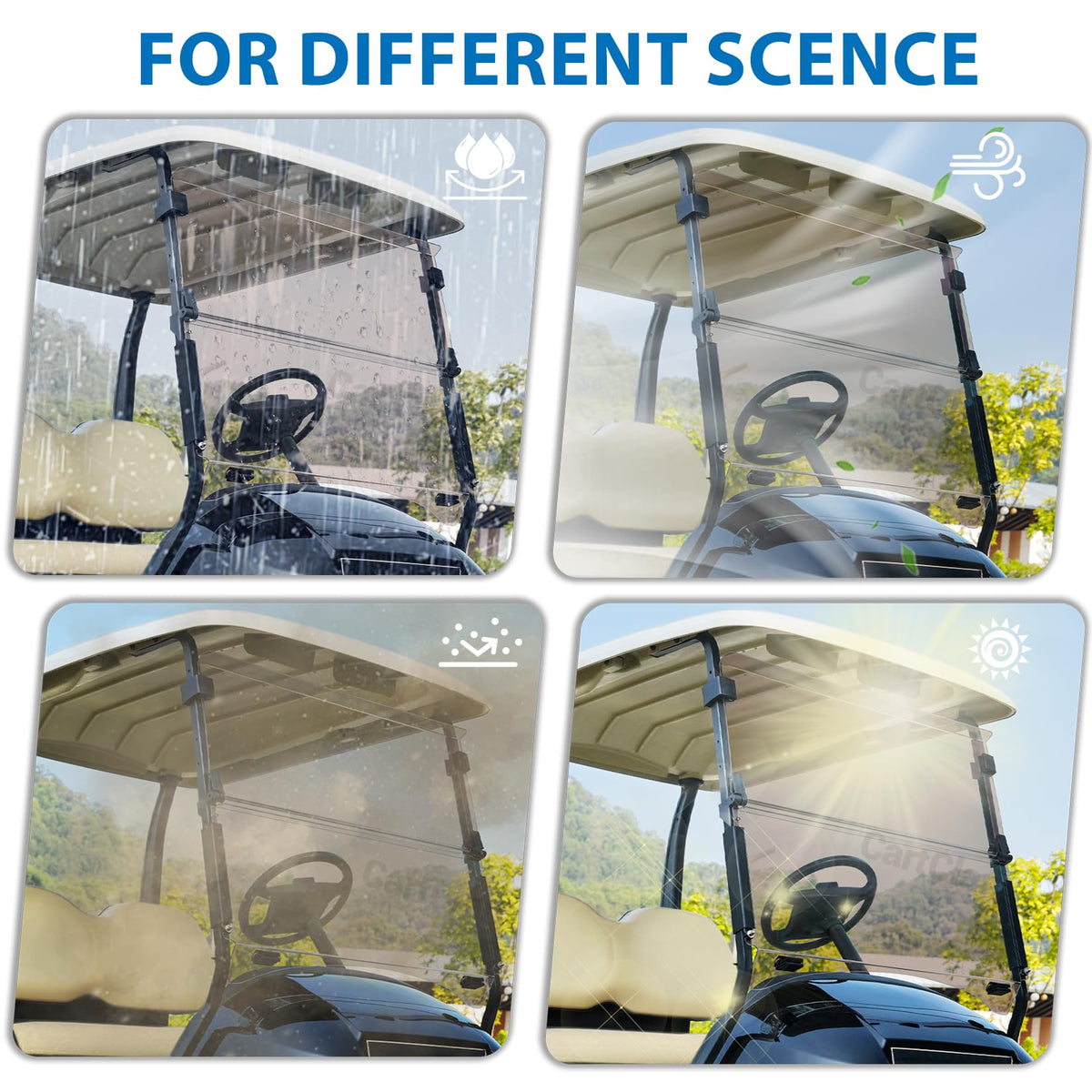 CartClan windshield blocks wind and rain while cruising across damp fairways