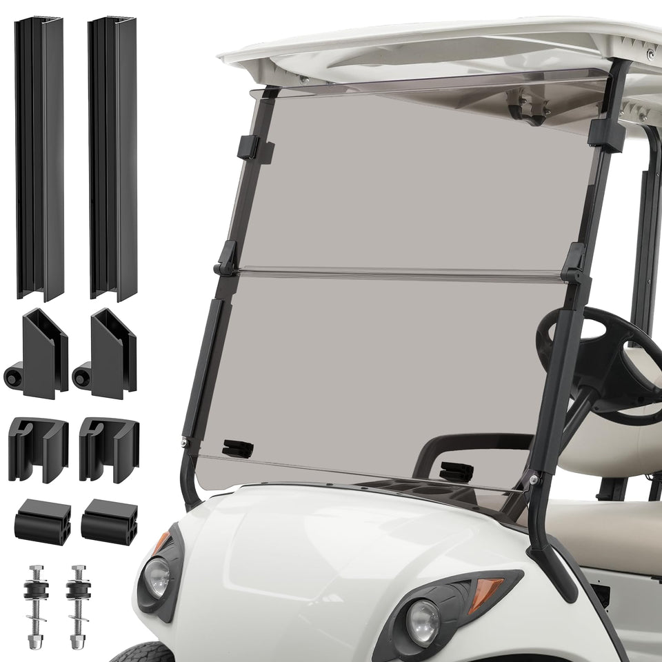 CartClan Yamaha G29 windshield with folding hinges for quick airflow and shade during rides