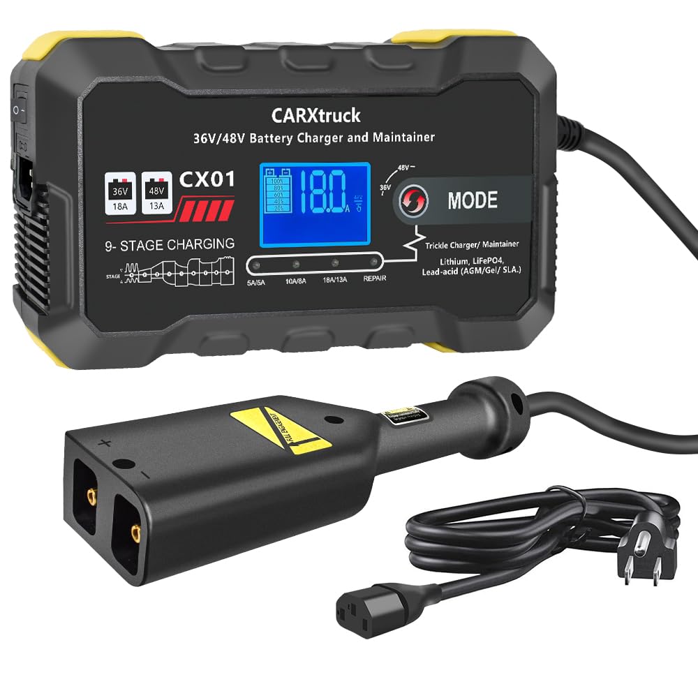 CARXtruck 36V/48V charger with D-style plug for EZGO carts, enabling quick, safe power.