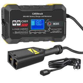 CARXtruck 36V/48V charger with D-style plug for EZGO carts, enabling quick, safe power.
