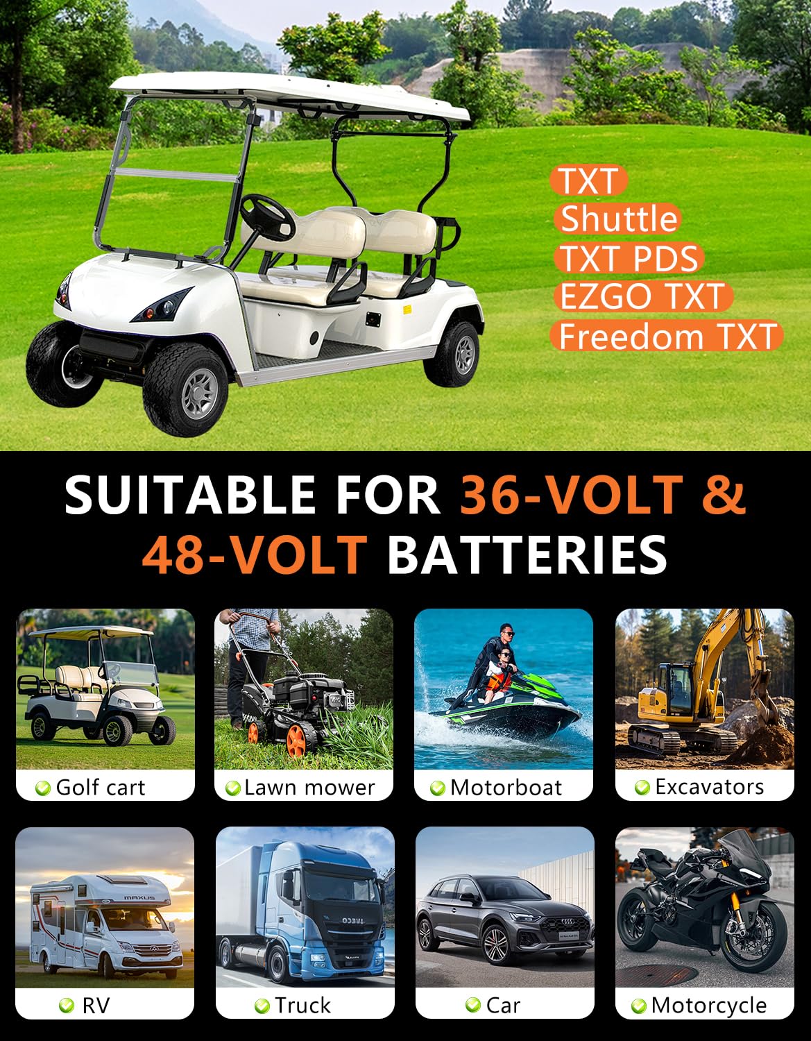 CARXtruck EZGO TXT D-style connector facilitates seamless charging.