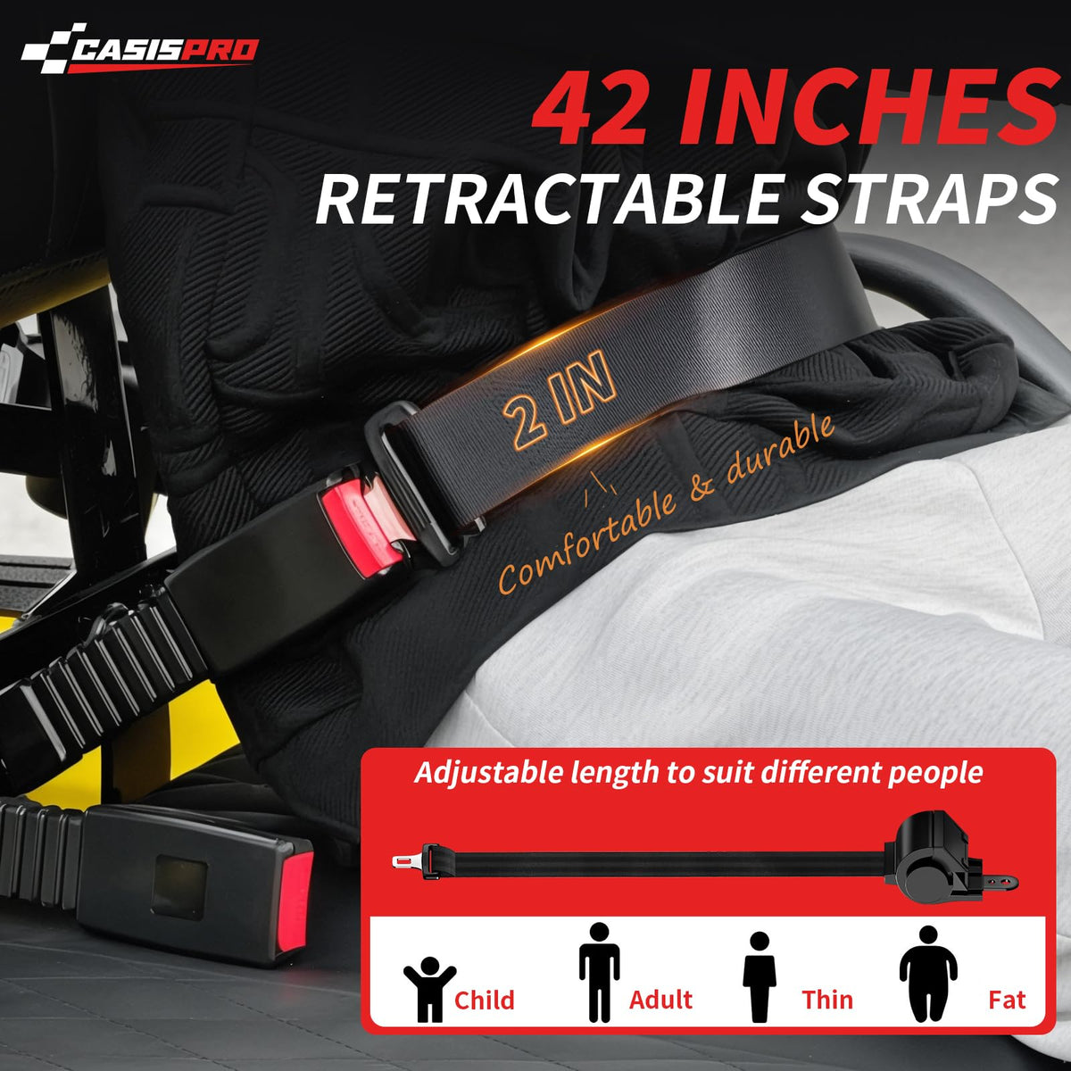CASISPRO 42 inch retractable strap shown, flexible tension for comfort