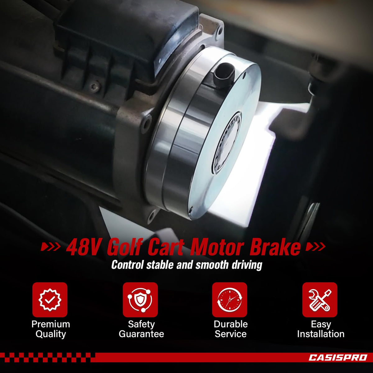 CASISPRO EZGO RXV brake pads detail highlights aluminum pads for smooth engagement.