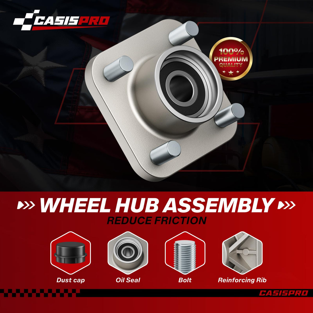 CASISPRO front wheel hub with bearings enhances ride stability and longevity.