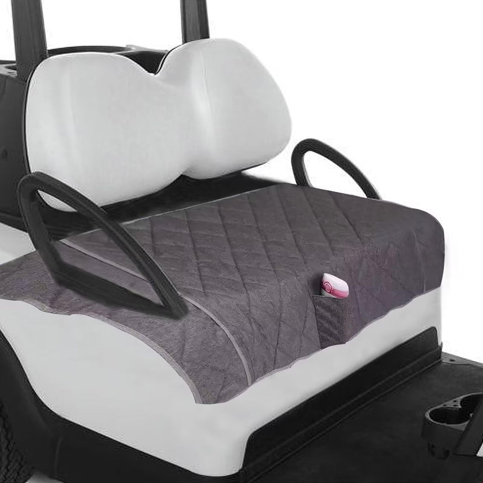 Cemgyiuk waterproof plush-top golf cart seat cover shields seats from rain and snow.