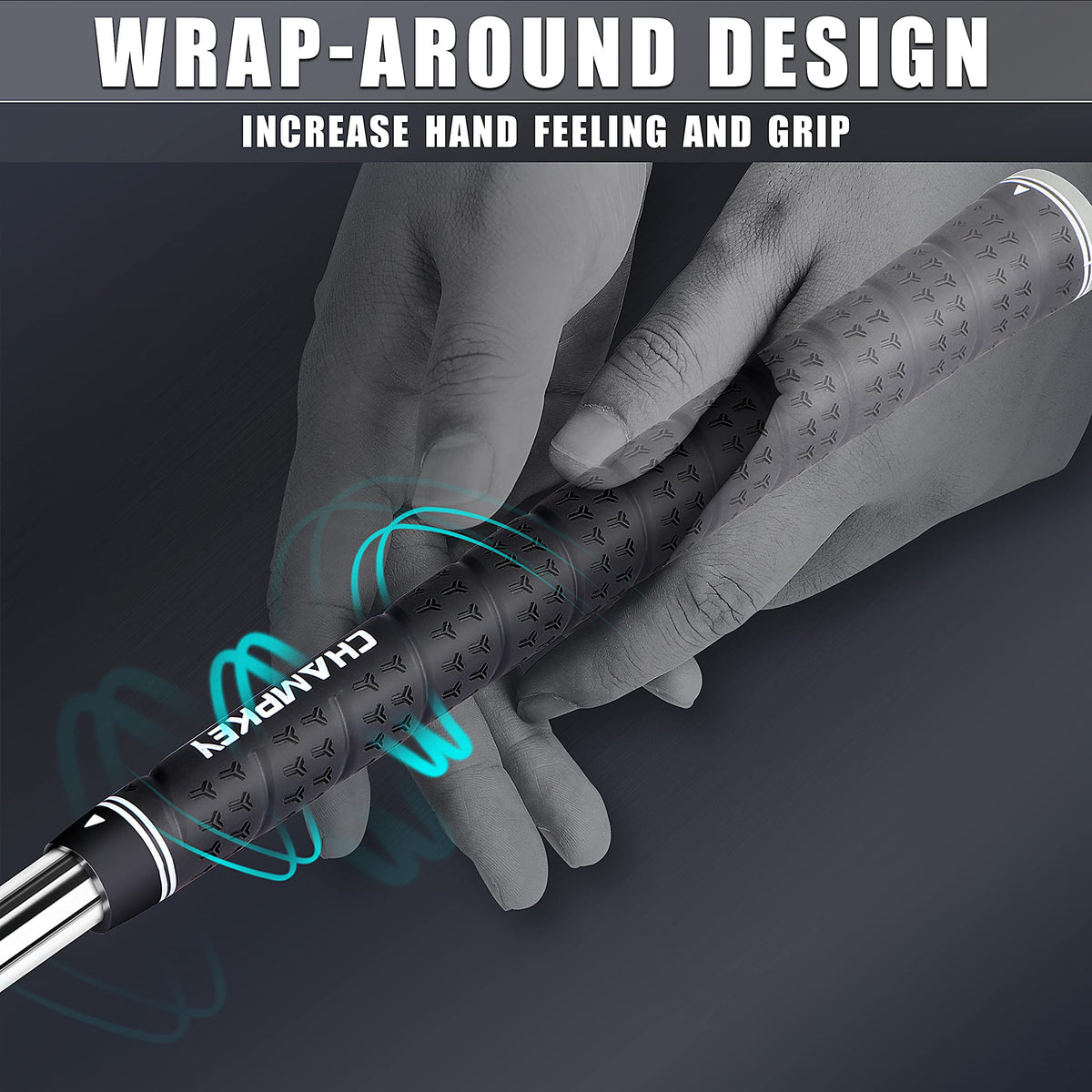 All-weather traction highlighted by Y-shaped texture on CHAMPKEY Wrap-Y grips