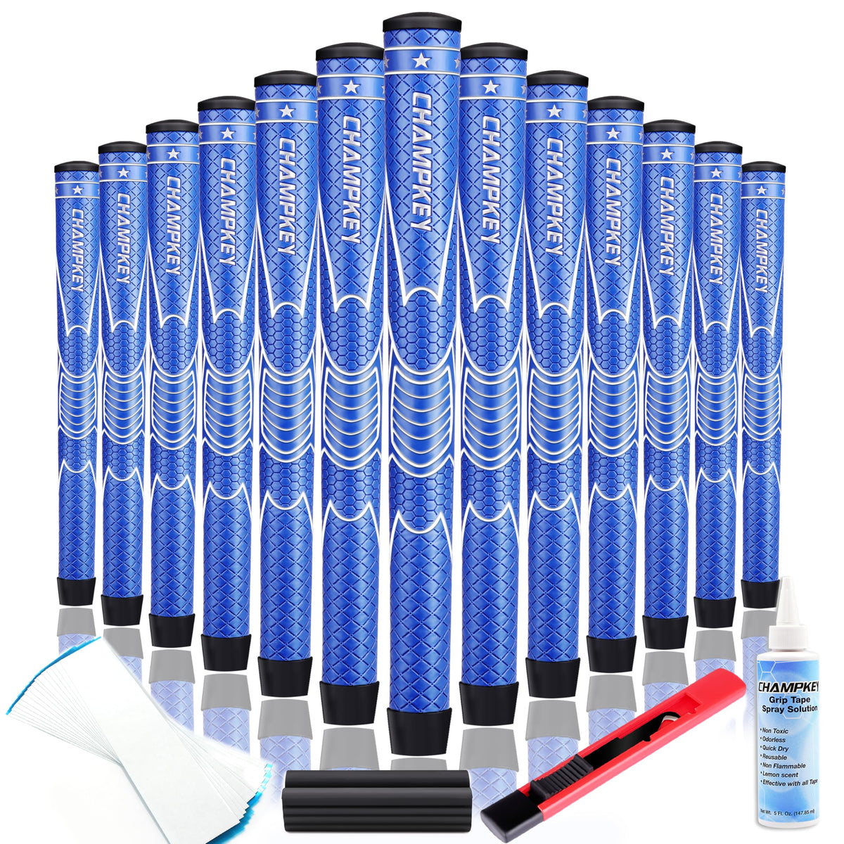 CHAMPKEY blue oversize golf grip close-up showing bold texture and enhanced control.