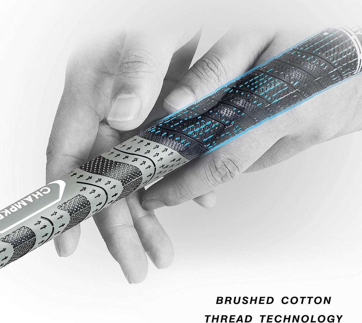 CHAMPKEY brushed cotton thread technology close-up for moisture-wicking, stable grip.