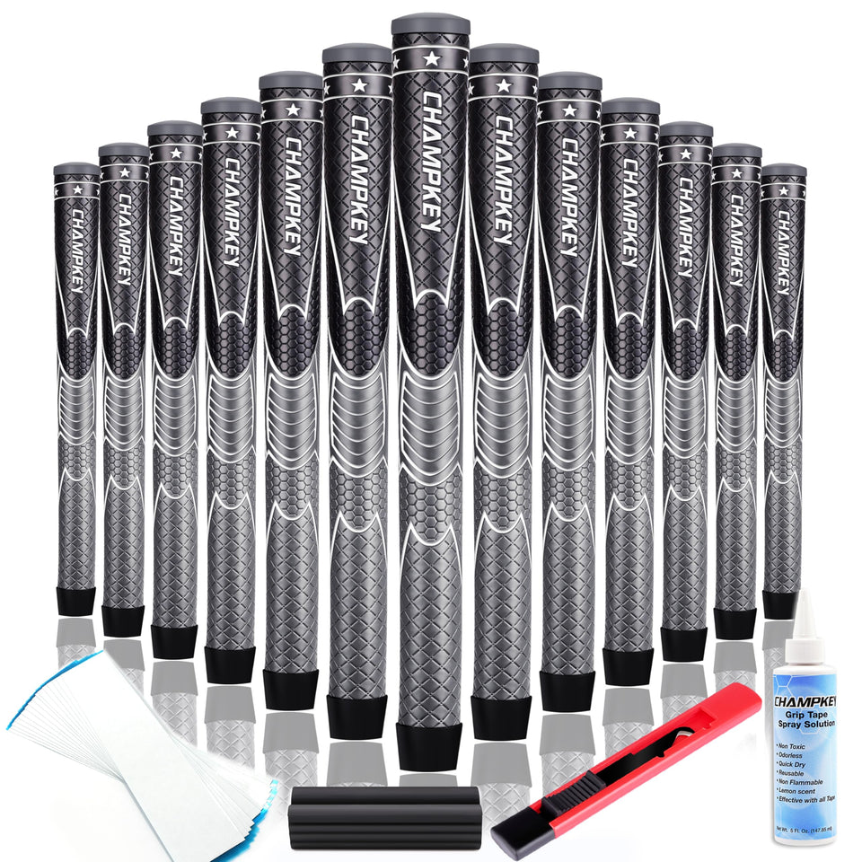 CHAMPKEY golf grips set in black and grey packaging for premium quality.