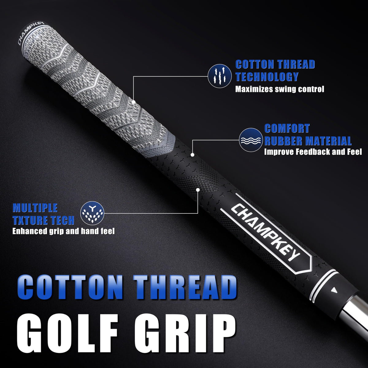 CHAMPKEY Hybrid Grips blue upper-half cotton thread close-up shows durability and control