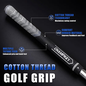CHAMPKEY Hybrid Grips blue upper-half cotton thread close-up shows durability and control