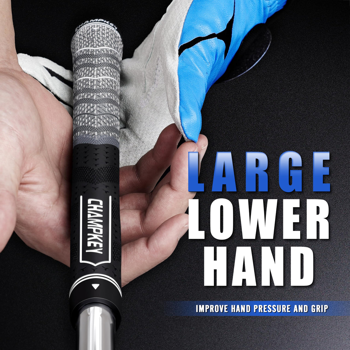 CHAMPKEY Hybrid Grips taper-profile illustration highlights easier grip