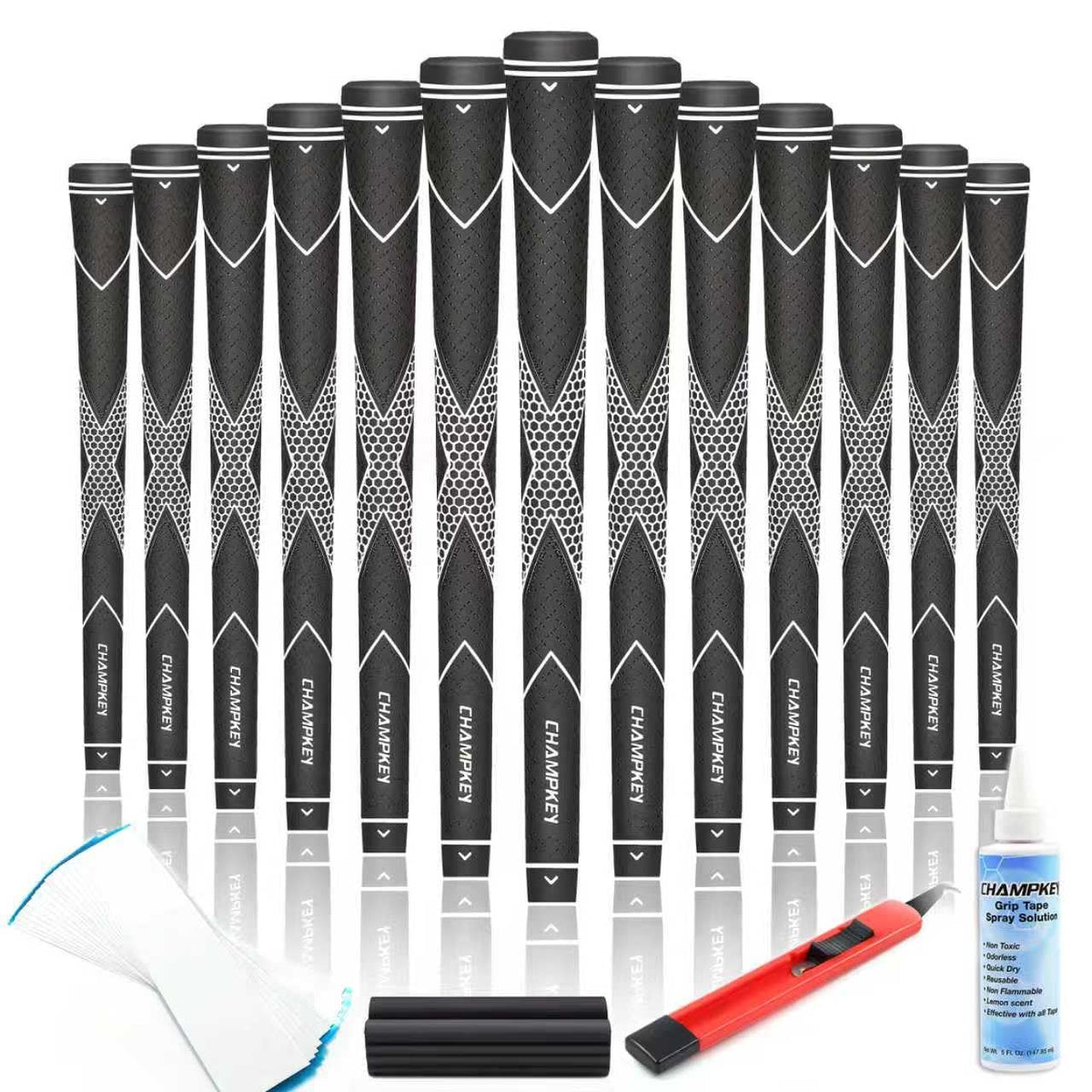 CHAMPKEY premium rubber golf grips 13-pack packaging, ideal for quick replacement and tidy setups.