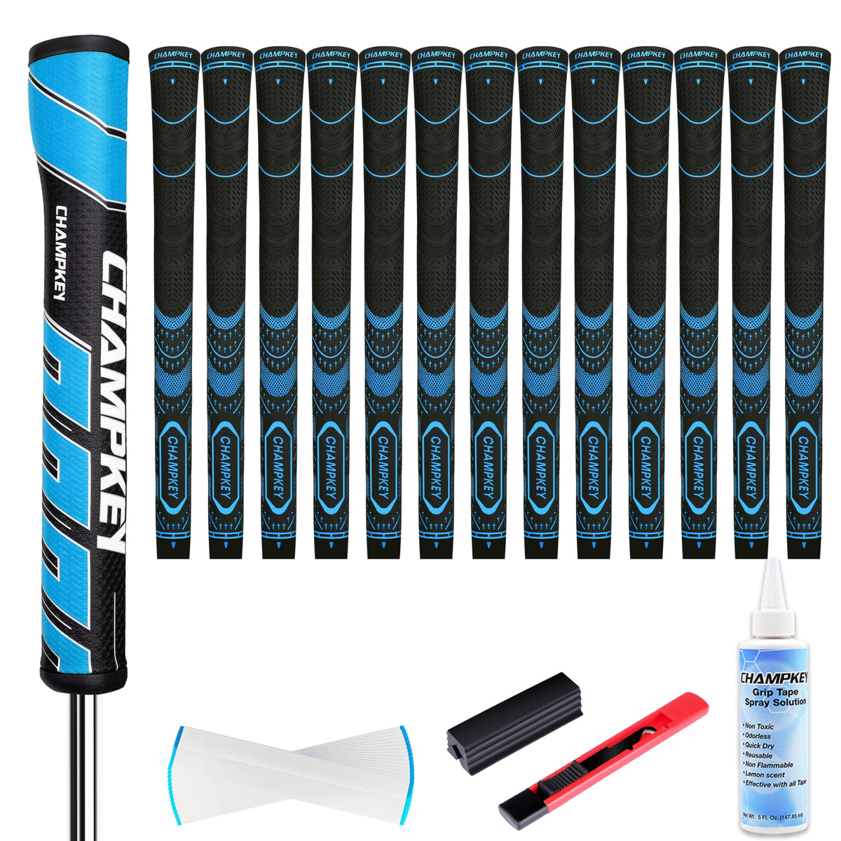 CHAMPKEY soft rubber golf grips blue midsize pack close-up showing textured traction for all-weather control