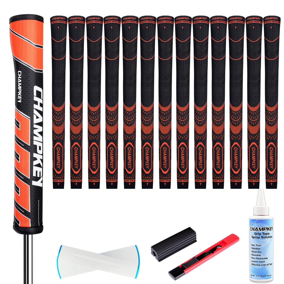 CHAMPKEY soft rubber golf grips close-up with orange midsize for all-weather traction.
