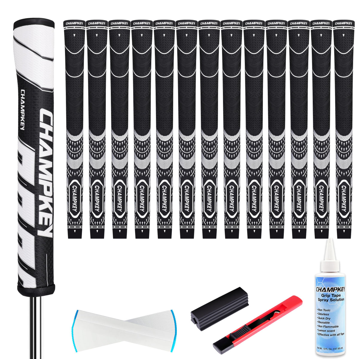 CHAMPKEY soft rubber grips 13-pack on a golf club for improved all-weather traction.