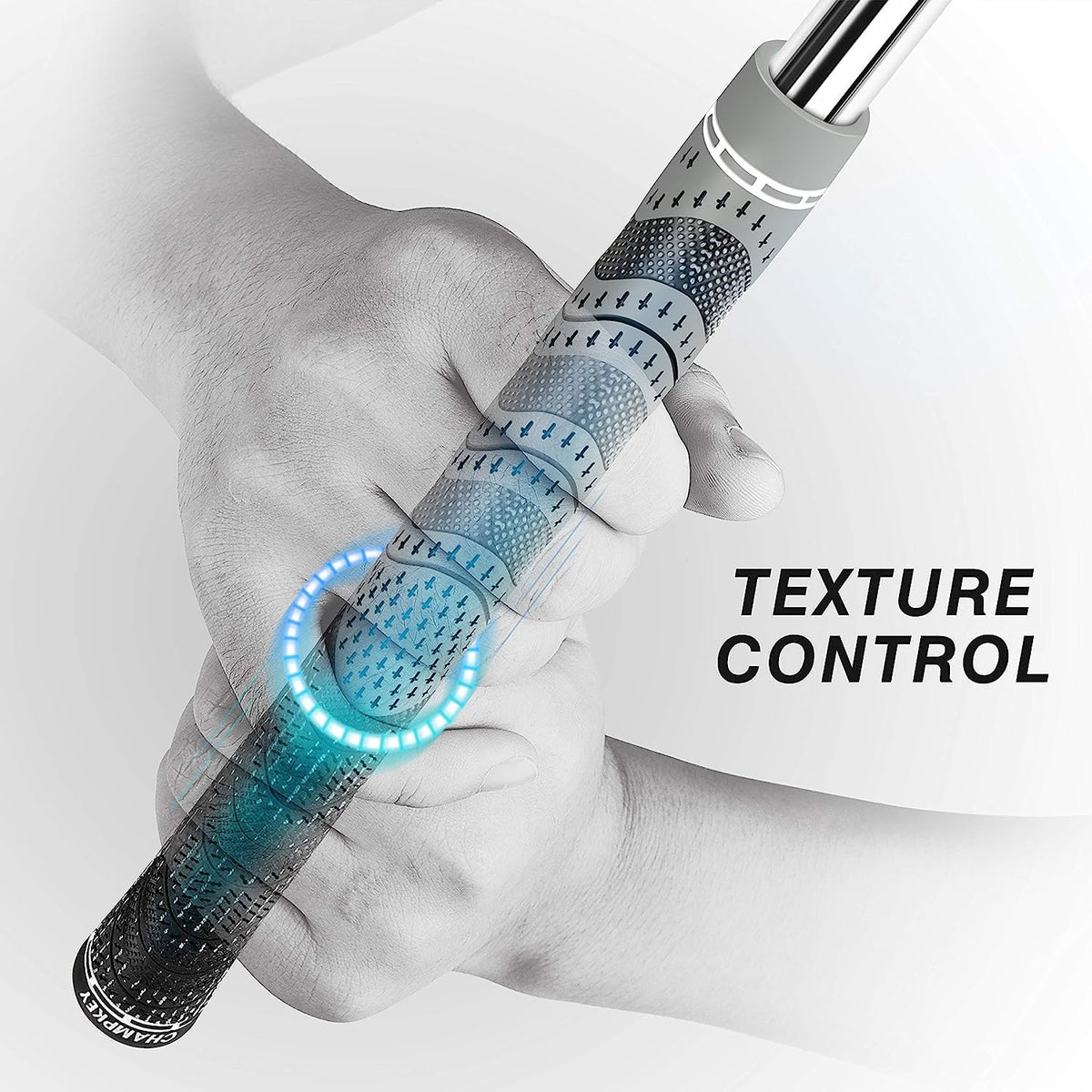 CHAMPKEY Wrap² technology close-up showing lower-hand wraps and lighter grip.