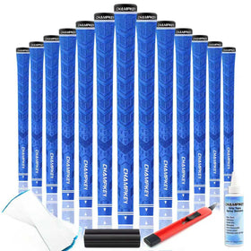 CHAMPKEY Y-PRO blue oversize grips package shown for quick regripping setup.