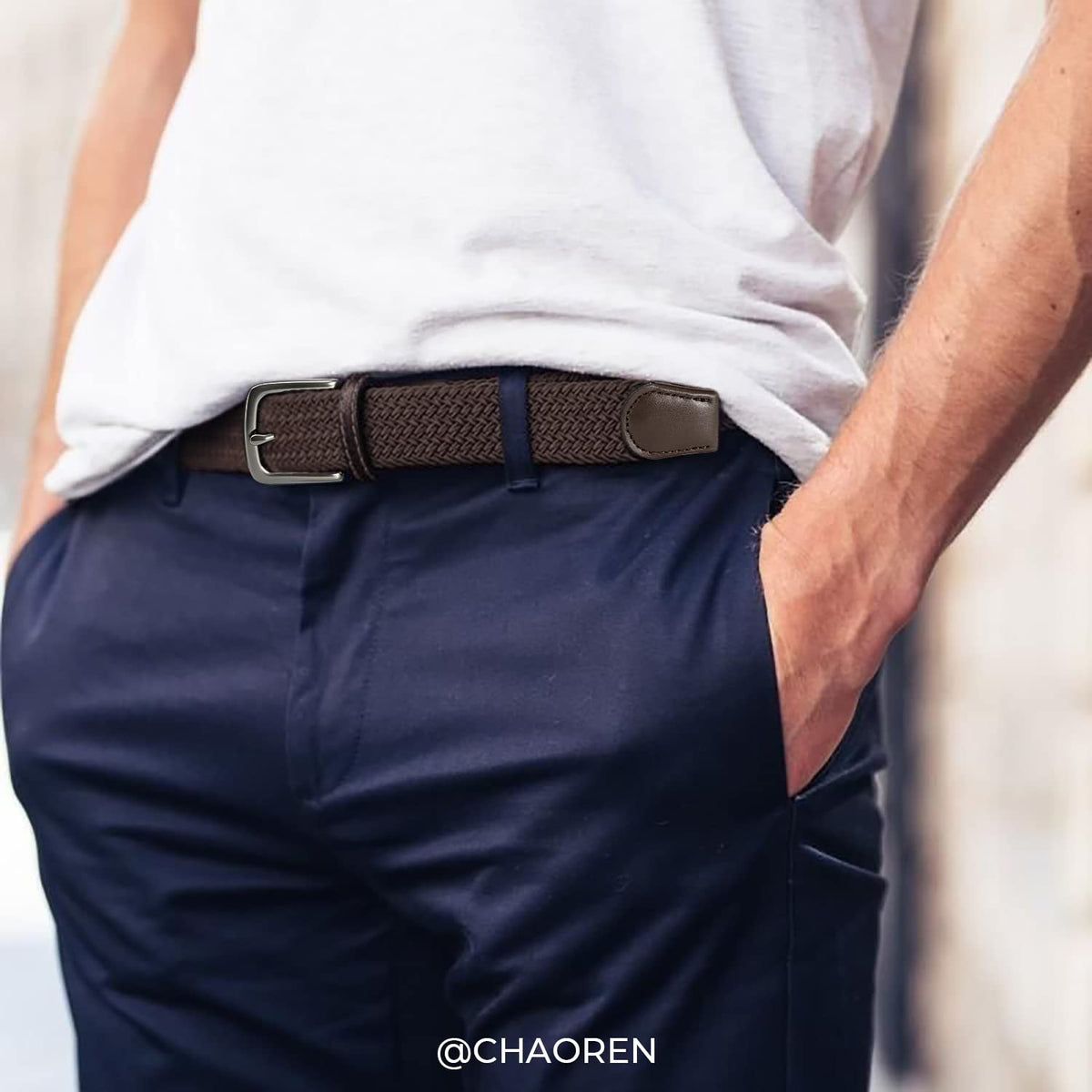 CHAOREN Stretch Belt for Men metal-reinforced buckle highlights longevity and rust resistance.