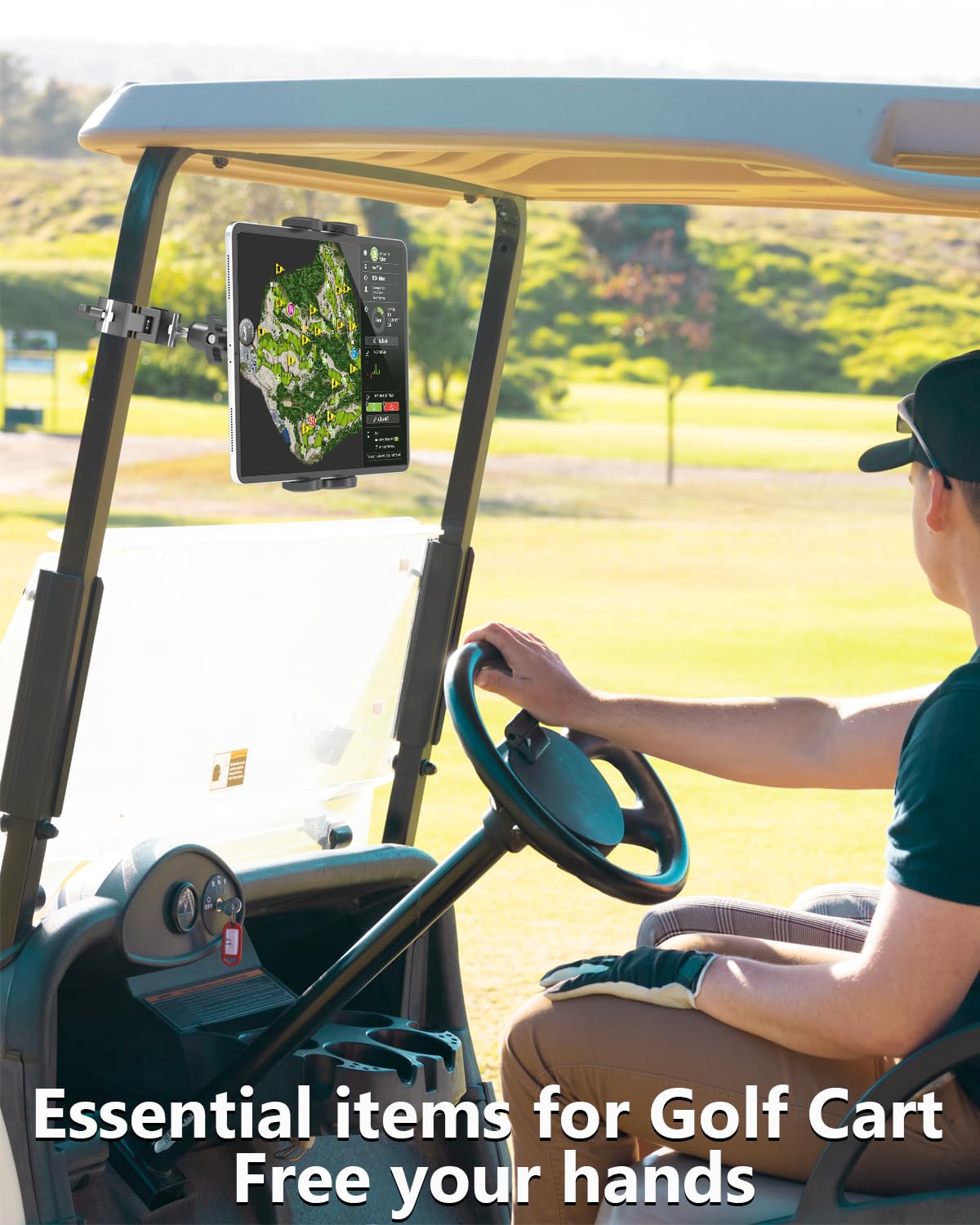 Charchendo Pro Golf Cart Tablet Mount adjustable arm keeps devices steady.