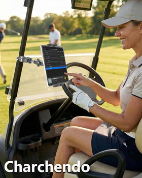 Charchendo Pro Golf Cart Tablet Mount packaging includes manual and 12-month warranty.