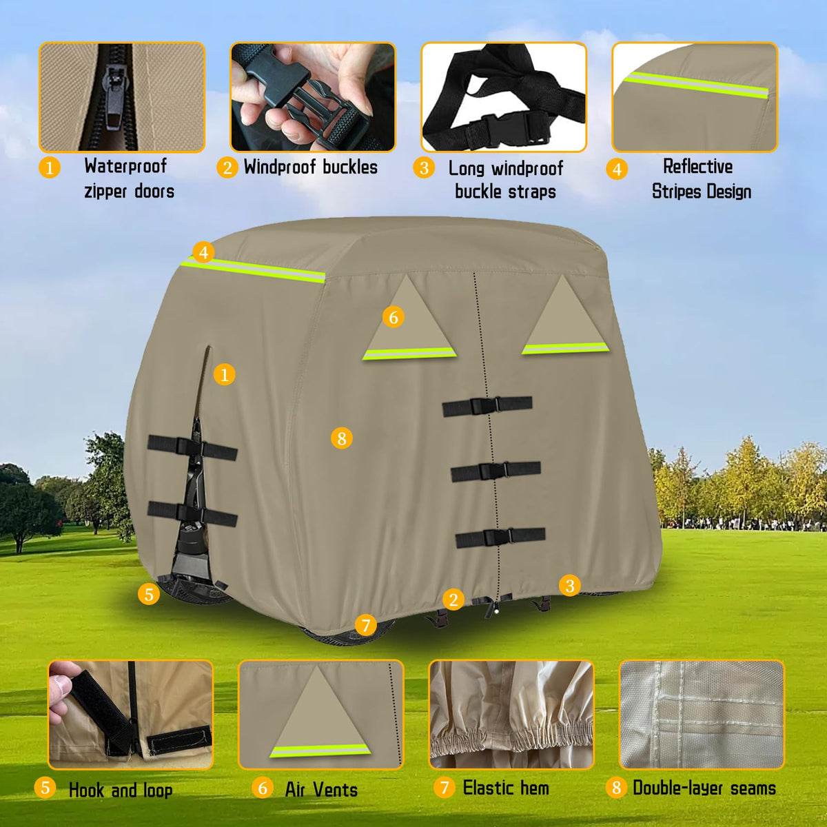 Che Yi Bao cover features elastic hem and bottom buckle to secure against wind.