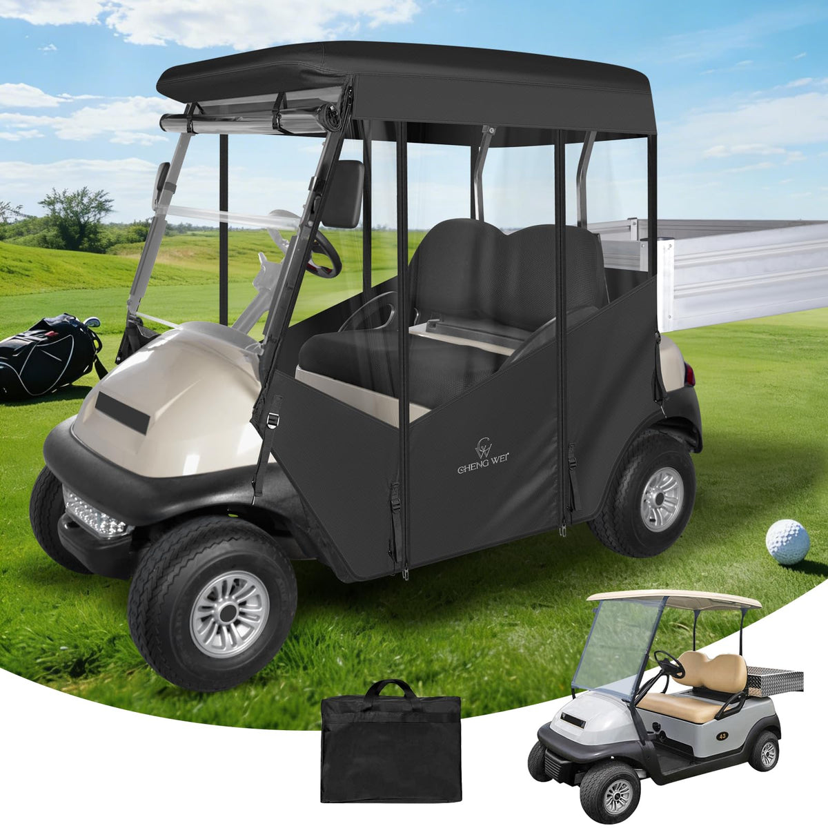 CHENGWEI 2P golf cart enclosure with cargo box protects equipment on the course