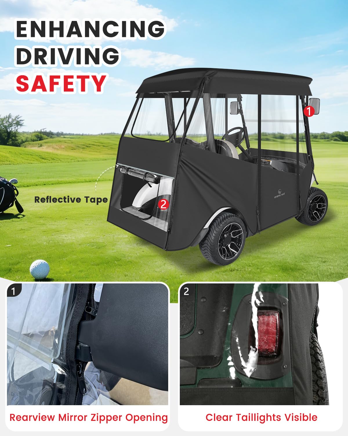CHENGWEI all-weather golf cart cover shields from rain, snow, and sun.