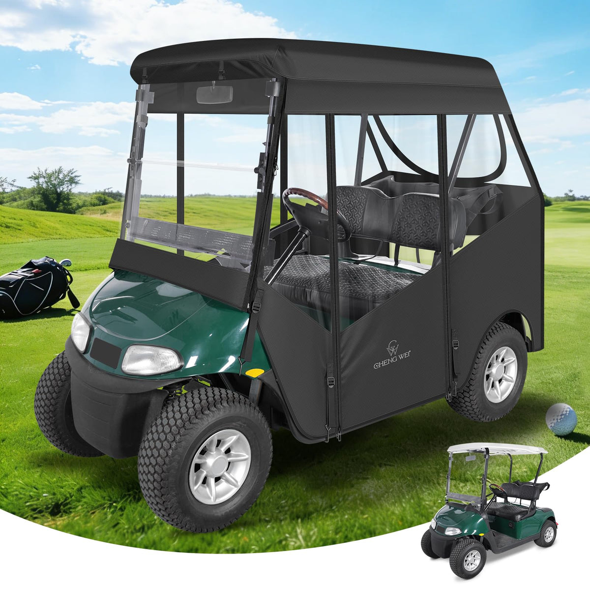 CHENGWEI EZGO RXV 2Seater front view with all-weather protection.
