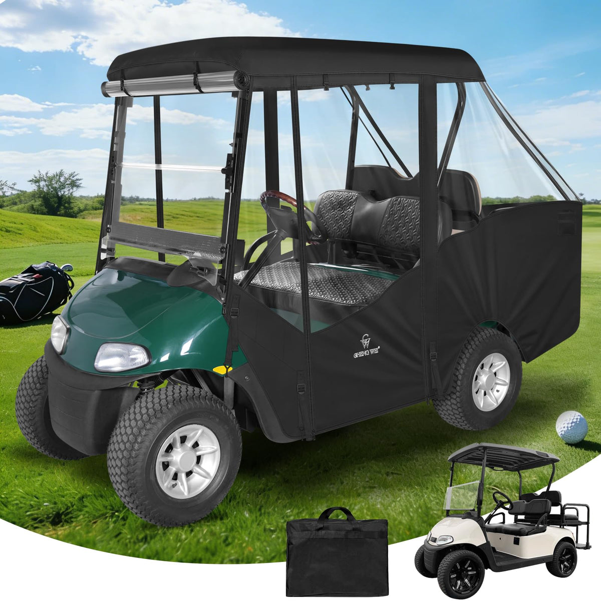 CHENGWEI EZGO RXV enclosure with panoramic window offers all-weather visibility.
