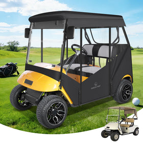 CHENGWEI EZGO TXT 2-seat enclosure front view shows weather protection and visibility
