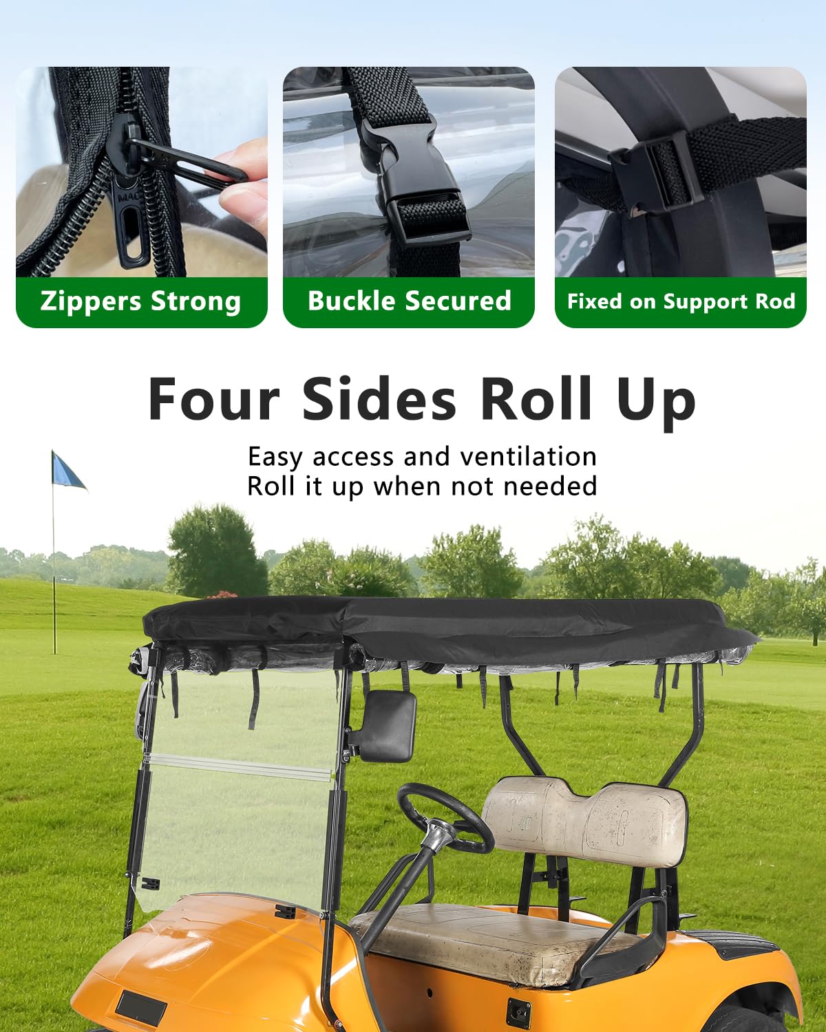 CHENGWEI EZGO TXT 2 Seater rain-cover side view with roll-up doors for easy access