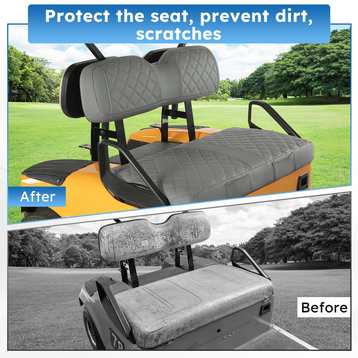 CHENGWEI EZGO TXT front seat cover enhances style on golf course and resort.