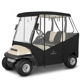 CHENGWEI golf cart enclosure front view with clear PVC windows for rain visibility.
